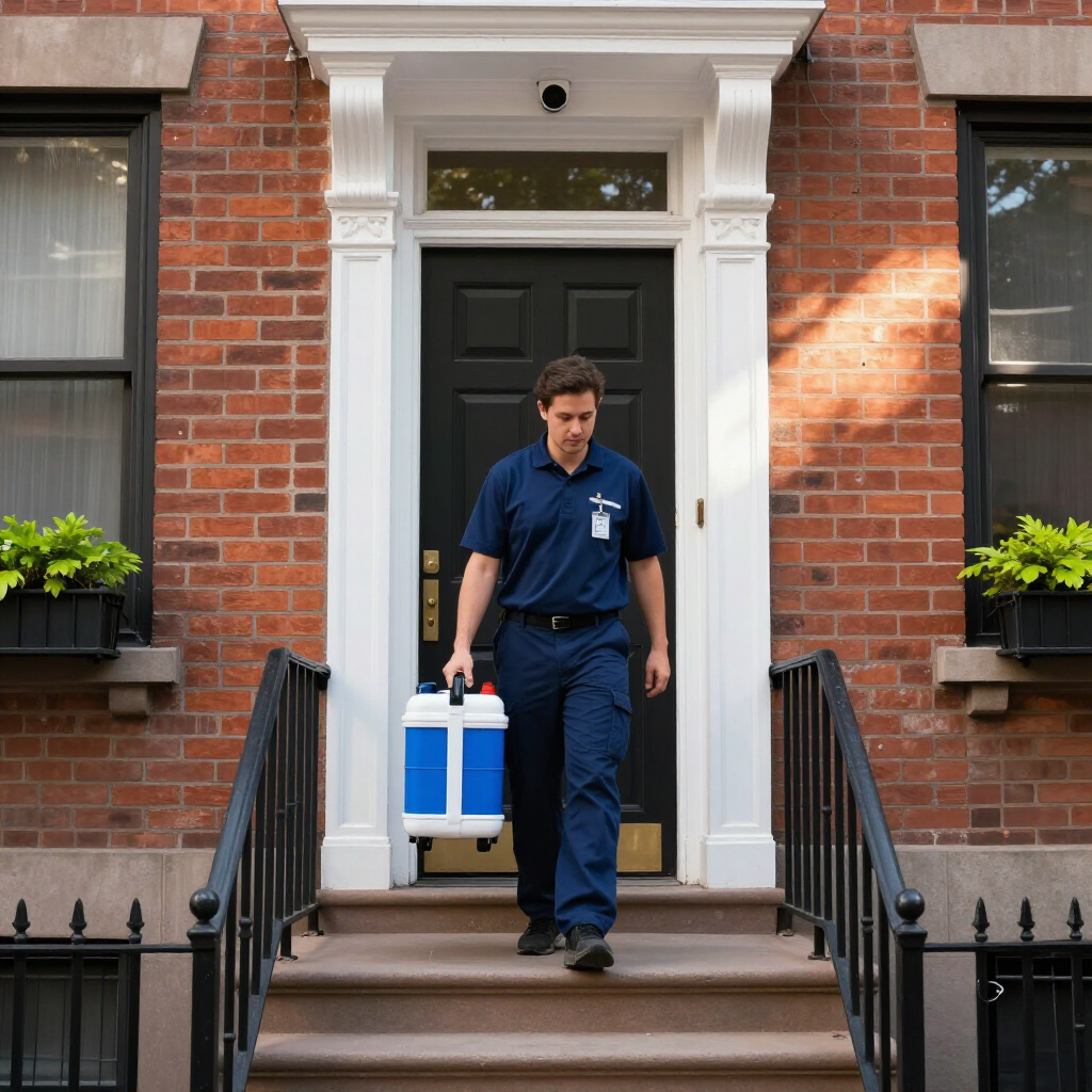 Delivery worker carrying a blue cooler down front steps of a brick house
