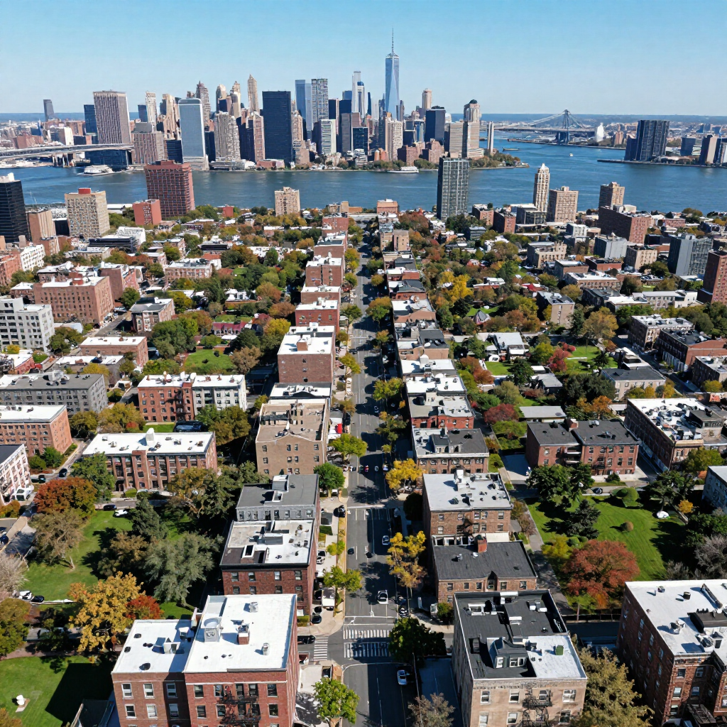 Aerial view of a city neighborhood with tree-lined streets and a skyline across the water in the distance