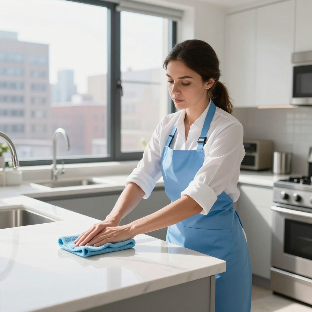 Woman cleaning a kitchen countertop with a blue cloth in a bright modern kitchen