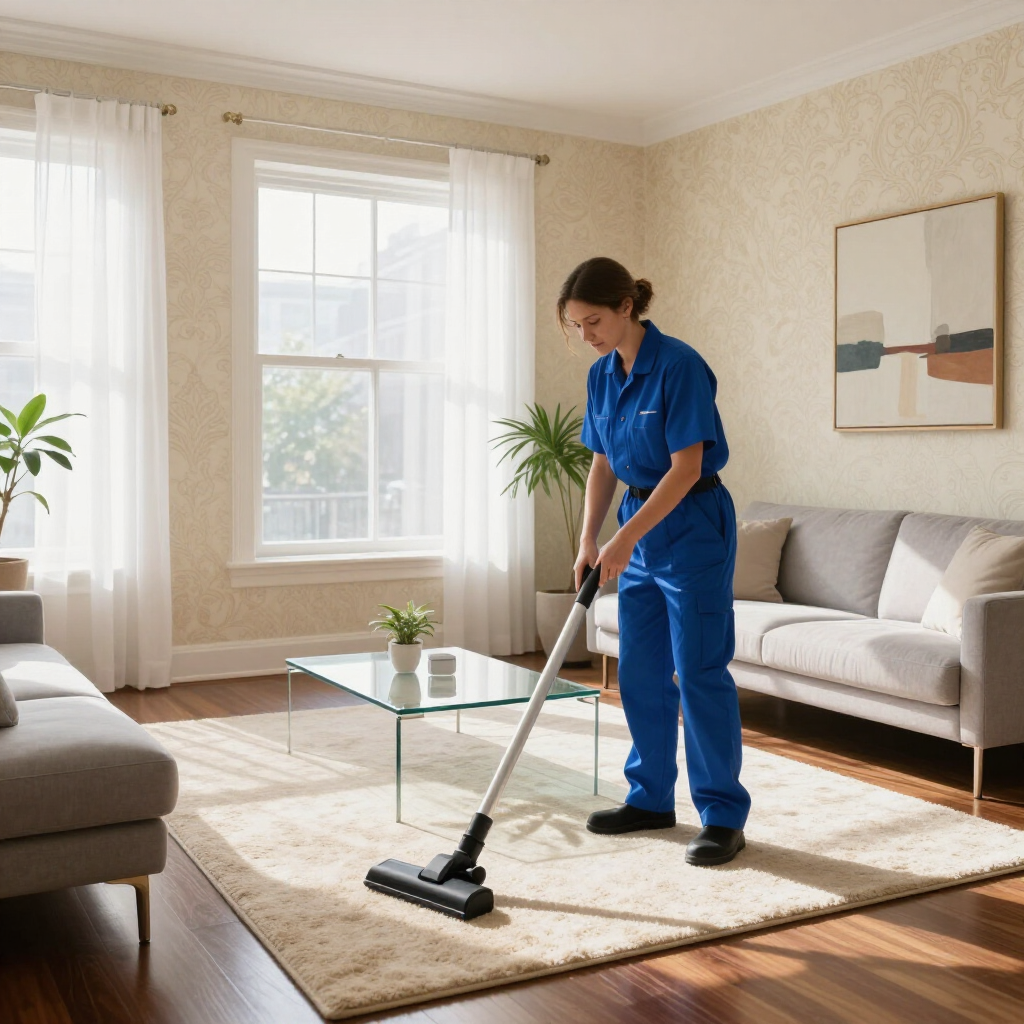 Person vacuuming a beige rug in a bright living room with a white sofa and glass coffee table