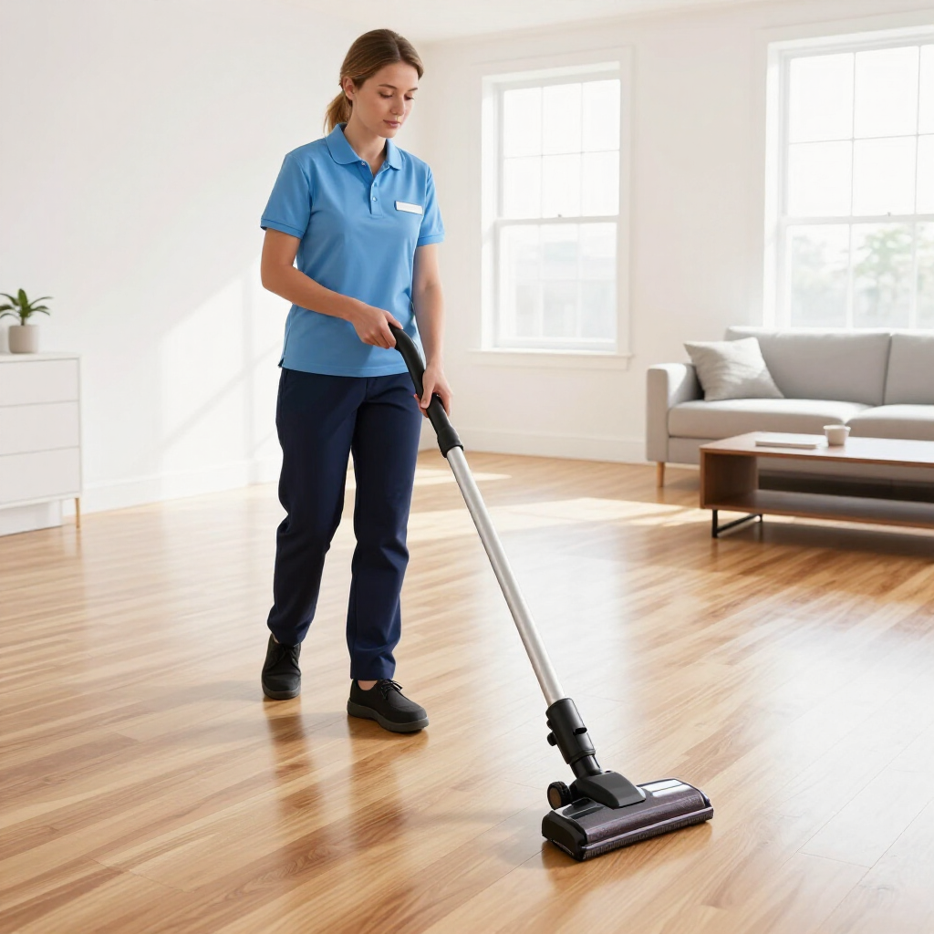 Person vacuuming a hardwood floor in a bright living room