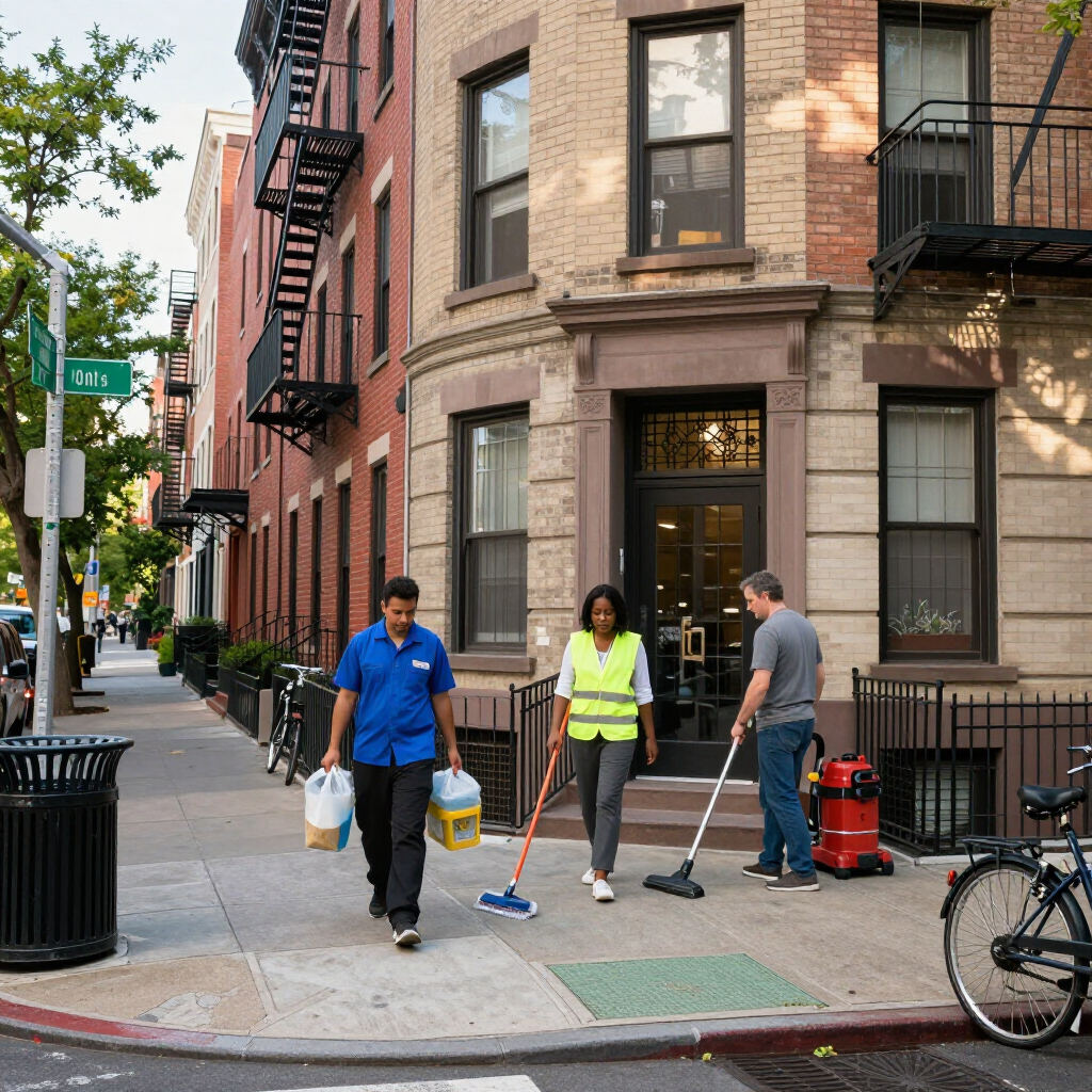 Three workers cleaning a brick sidewalk outside an apartment building, carrying mops and buckets.