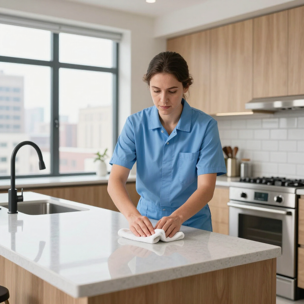 Person in a blue shirt wiping a kitchen island in a modern kitchen