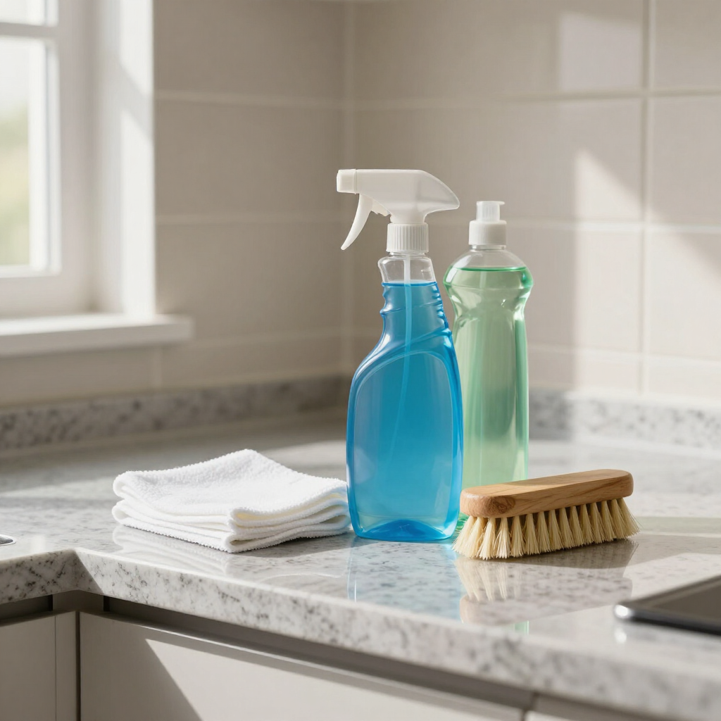 Cleaning supplies on a kitchen counter: blue and green spray bottles, folded towels, and a scrub brush.