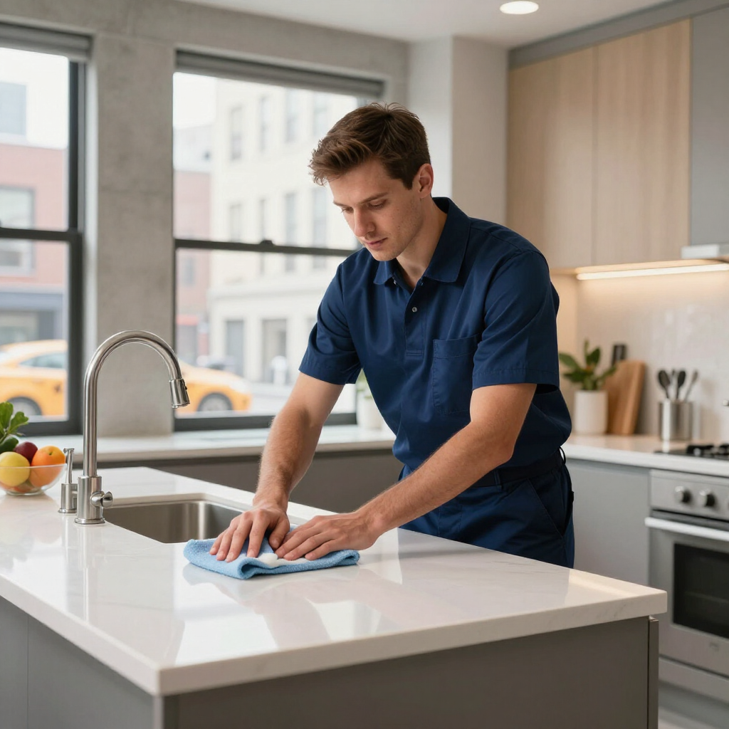 Person wiping a white kitchen island with a blue cloth in a bright modern kitchen