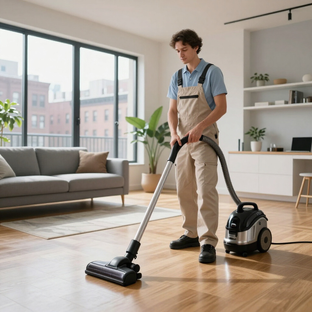 Person vacuuming a sunlit living room with a canister vacuum and hardwood floors