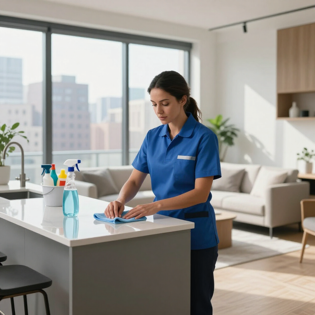 Janitor in blue uniform cleaning a kitchen counter in a bright modern apartment