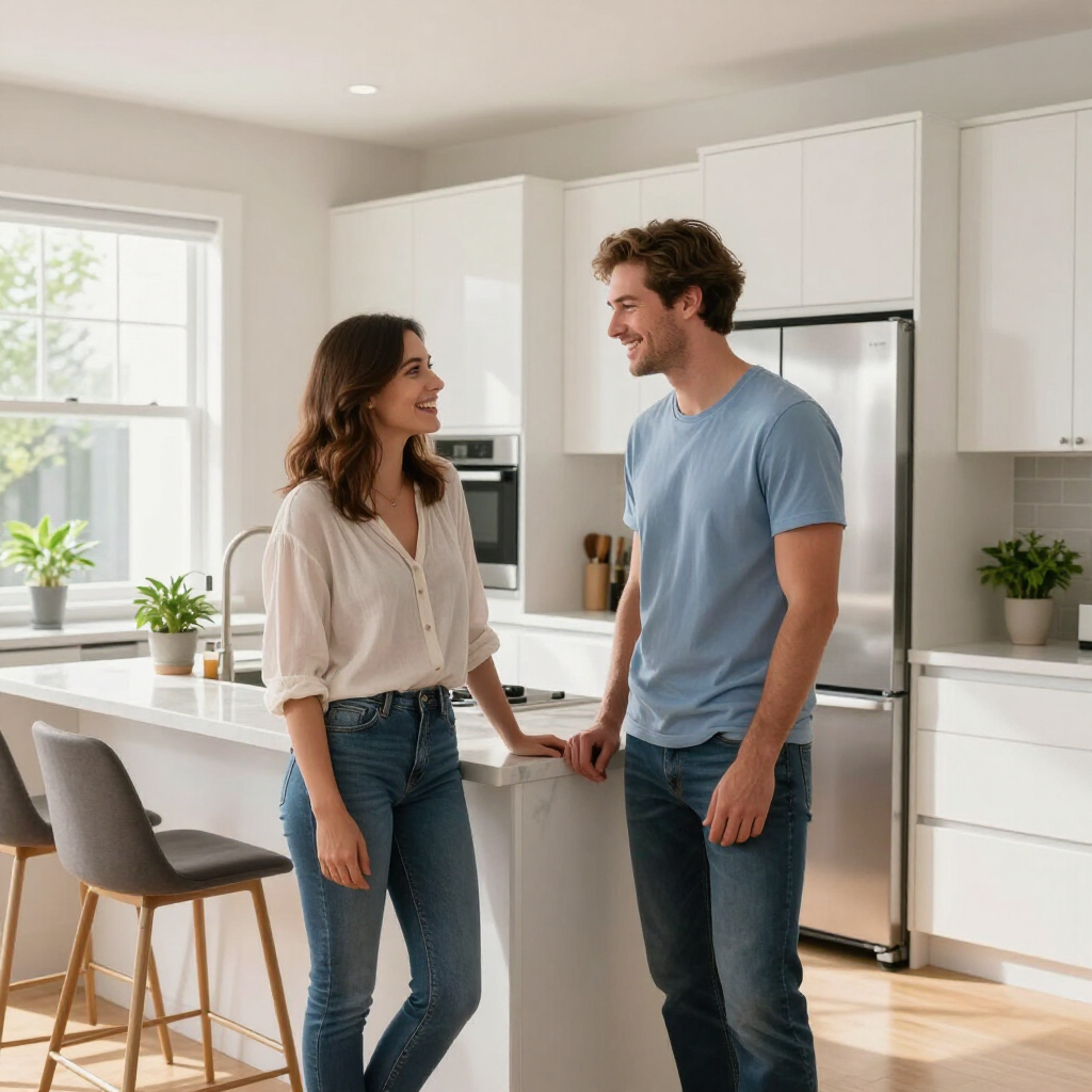 Two people smiling in a bright kitchen, standing near a stainless steel fridge and white cabinets