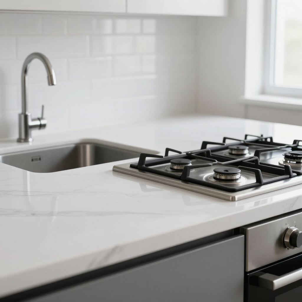 Modern kitchen with white countertop, stainless sink, and gas cooktop near a window