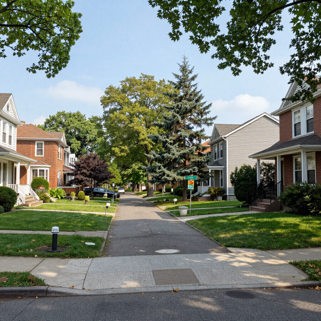 Tree-lined suburban street with sidewalks and houses on a sunny day