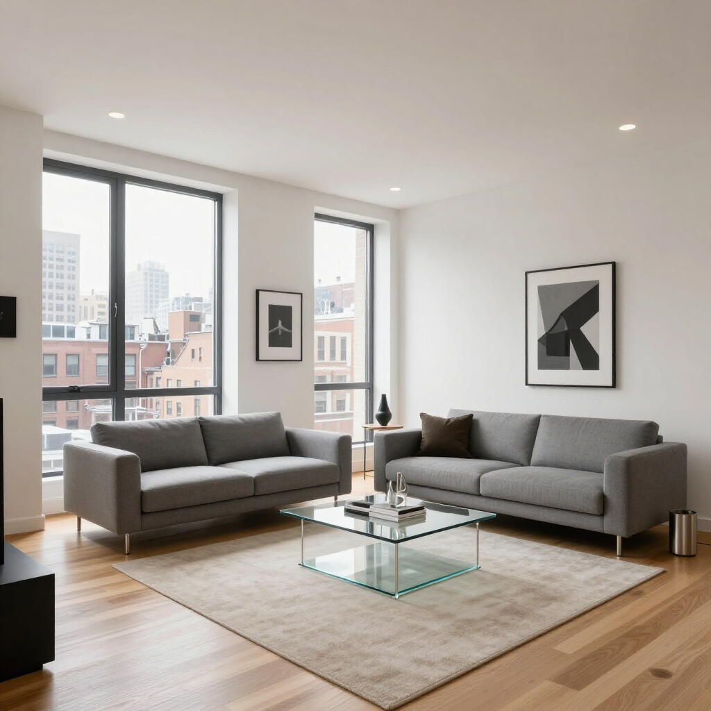Modern living room with two gray sofas, glass coffee table, beige rug, and city views through large windows