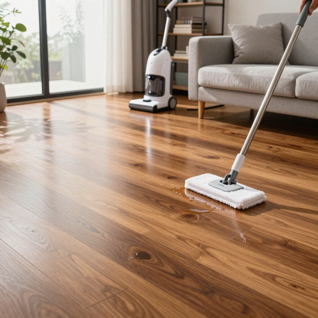 Robot vacuum and mop cleaning a sunlit wooden floor in a modern living room.