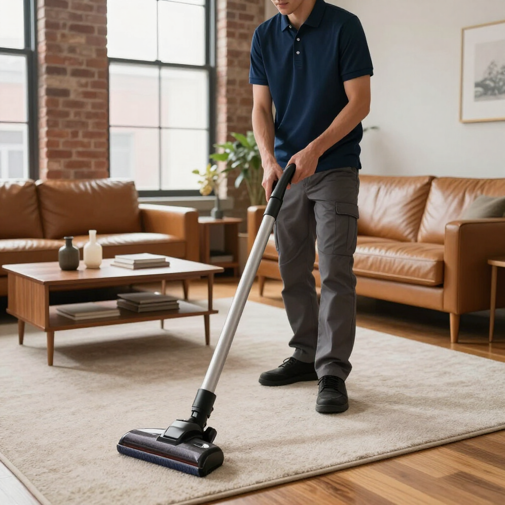 Person vacuuming a beige rug in a modern living room with tan leather sofas