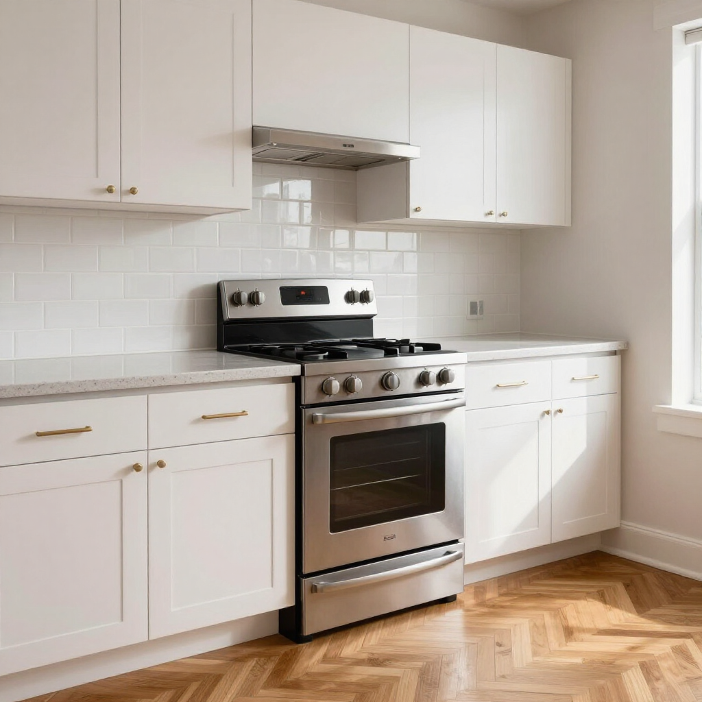 Bright white kitchen with stainless steel stove, white cabinets, and herringbone wood floor