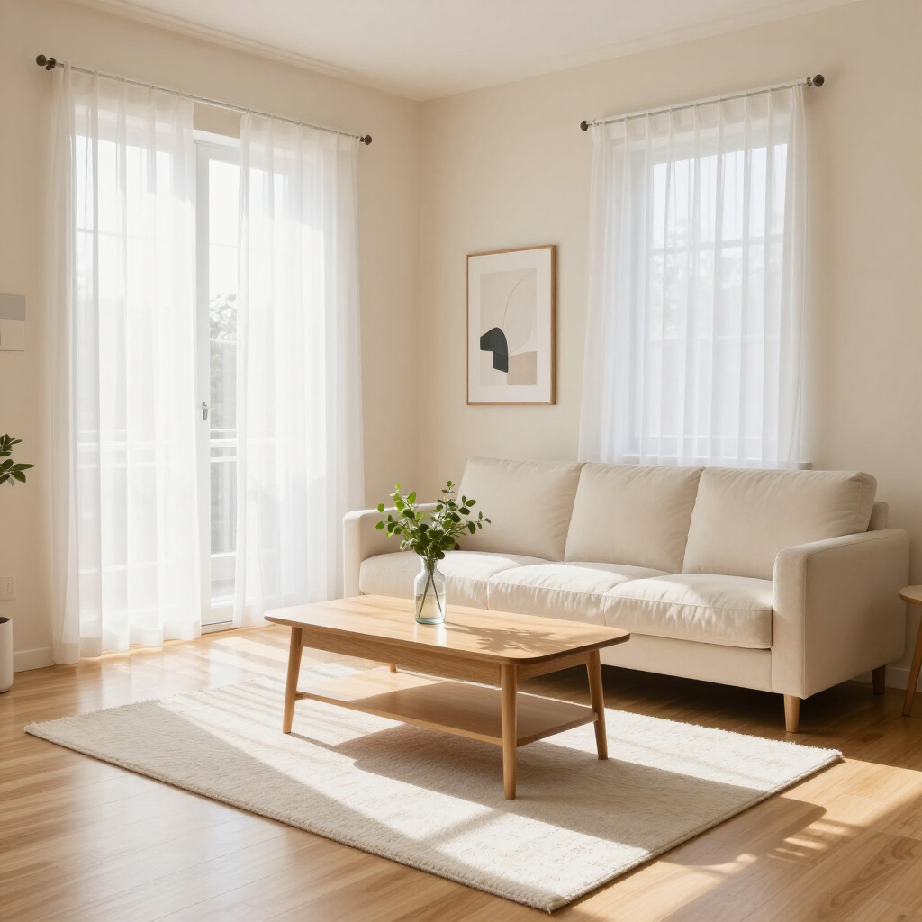 Bright living room with beige sofa, wooden coffee table, rug, framed art, and sheer curtains by tall windows
