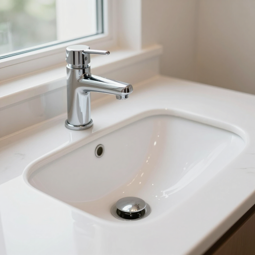 Chrome faucet over a white bathroom sink with a drain stopper