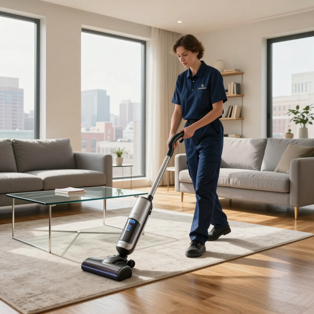 Person vacuuming a modern living room with a cordless vacuum cleaner