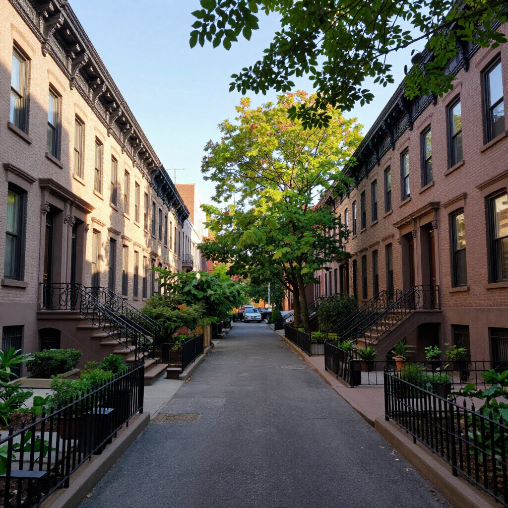 Tree-lined residential street between brownstone townhouses on a sunny day