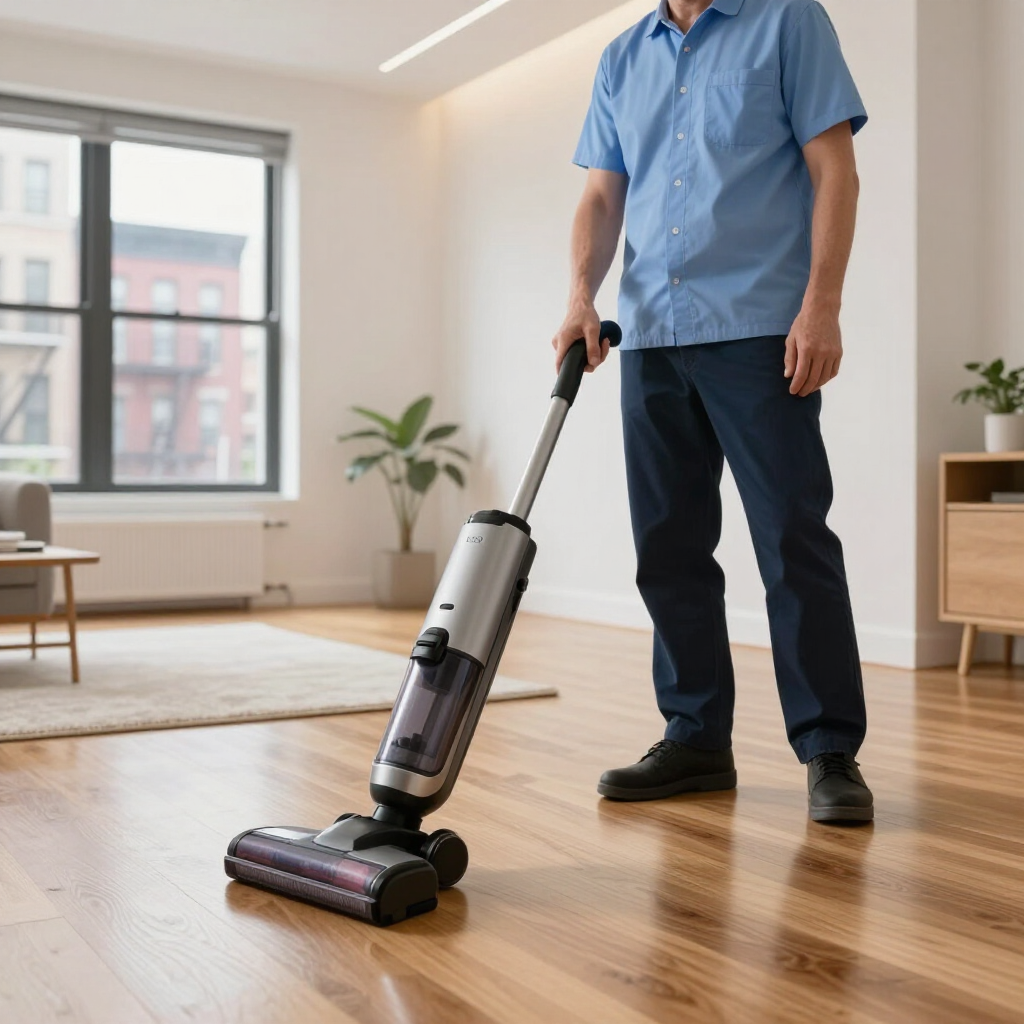 Person vacuuming a hardwood floor in a bright living room