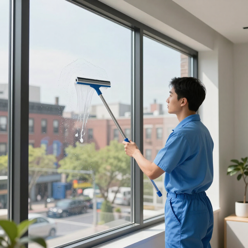 Person in blue coveralls cleaning a large window with a squeegee in a bright office.