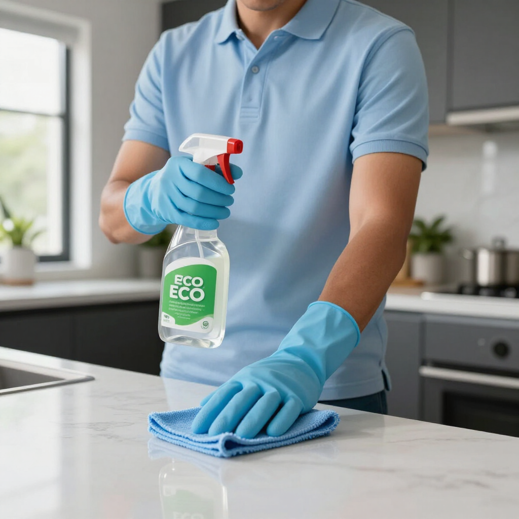 Person cleaning a kitchen counter with blue gloves and a green spray cleaner in a modern kitchen