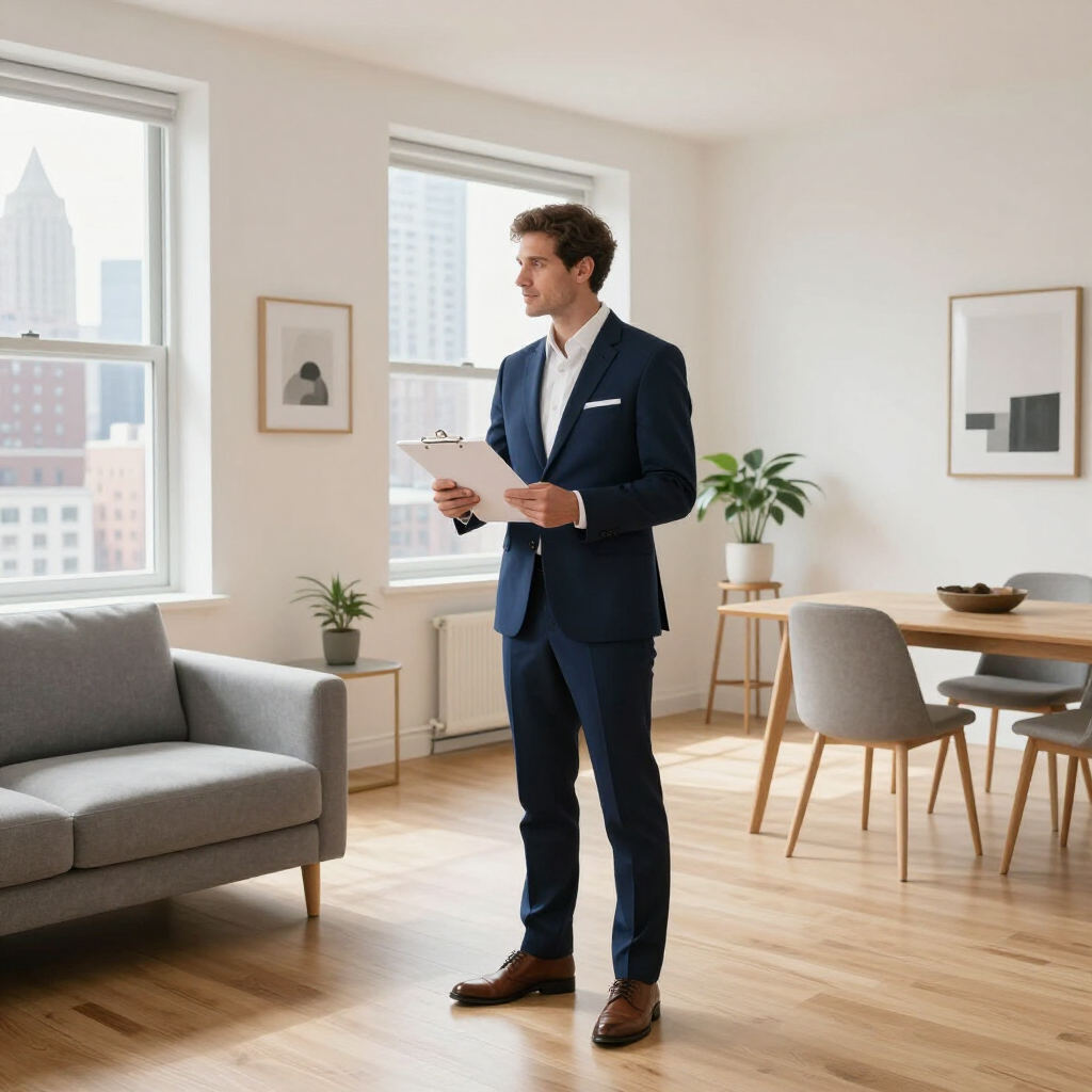 Man in a navy suit holding papers in a bright, modern living room with sofa, windows, and dining table