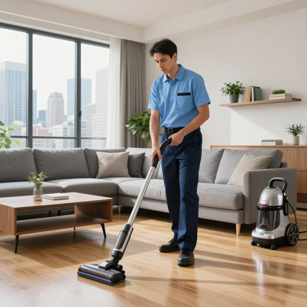Man vacuuming a living room with a stick vacuum beside a canister vacuum cleaner