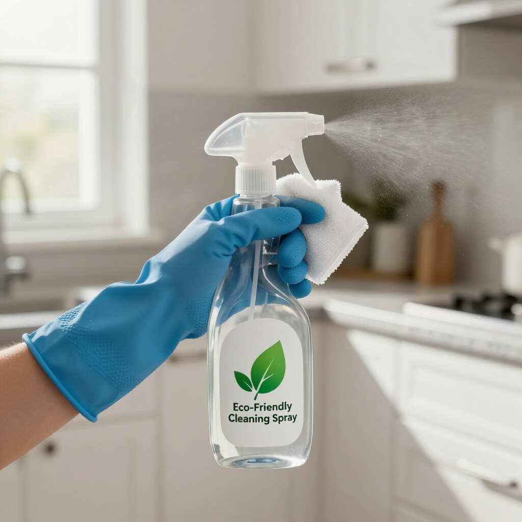 Gloved hand spraying eco-friendly cleaning solution in a bright kitchen