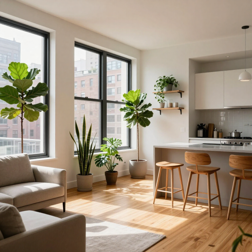Bright, plant-filled living room with large windows, beige sofa, and a kitchen island with wooden stools