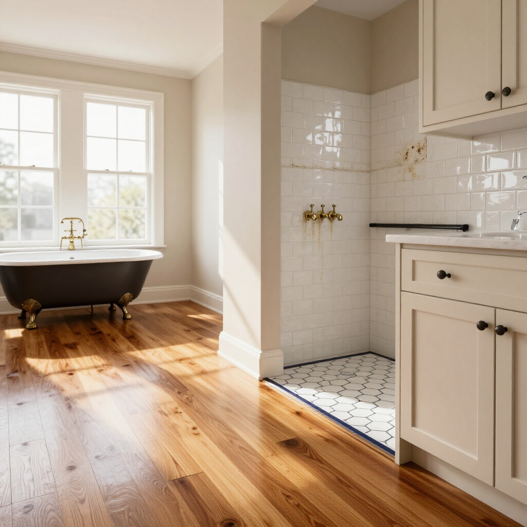 Bright bathroom with a black clawfoot tub, white tile shower, and sunlit hardwood floor