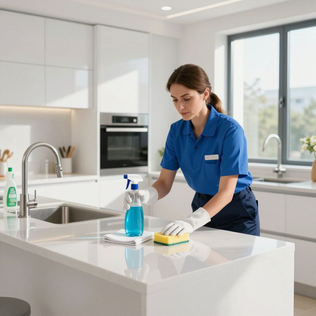 Cleaner wiping a white kitchen counter beside blue spray cleaner and a sponge in a bright modern kitchen
