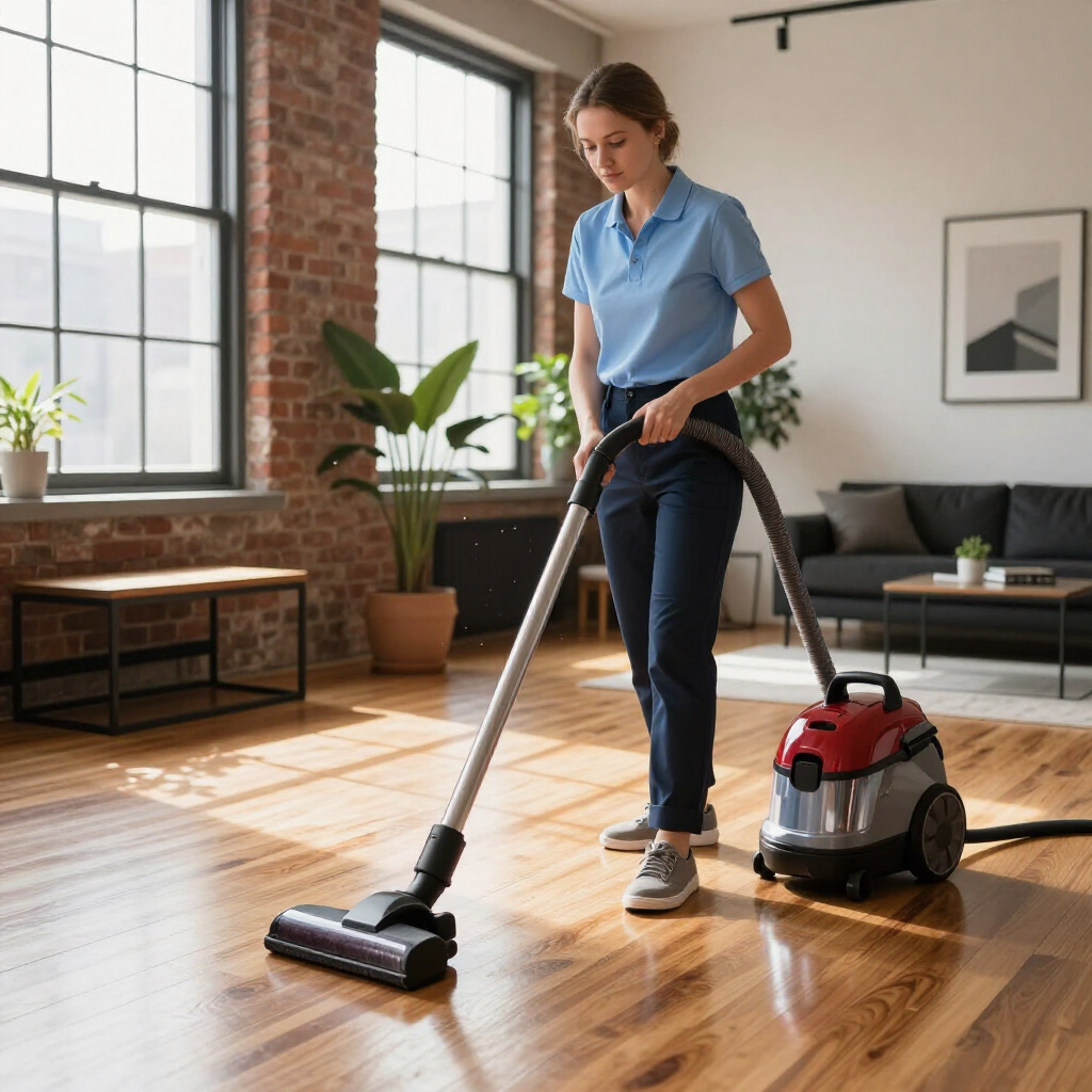 Woman vacuuming a sunlit living room with a red canister vacuum on a wooden floor