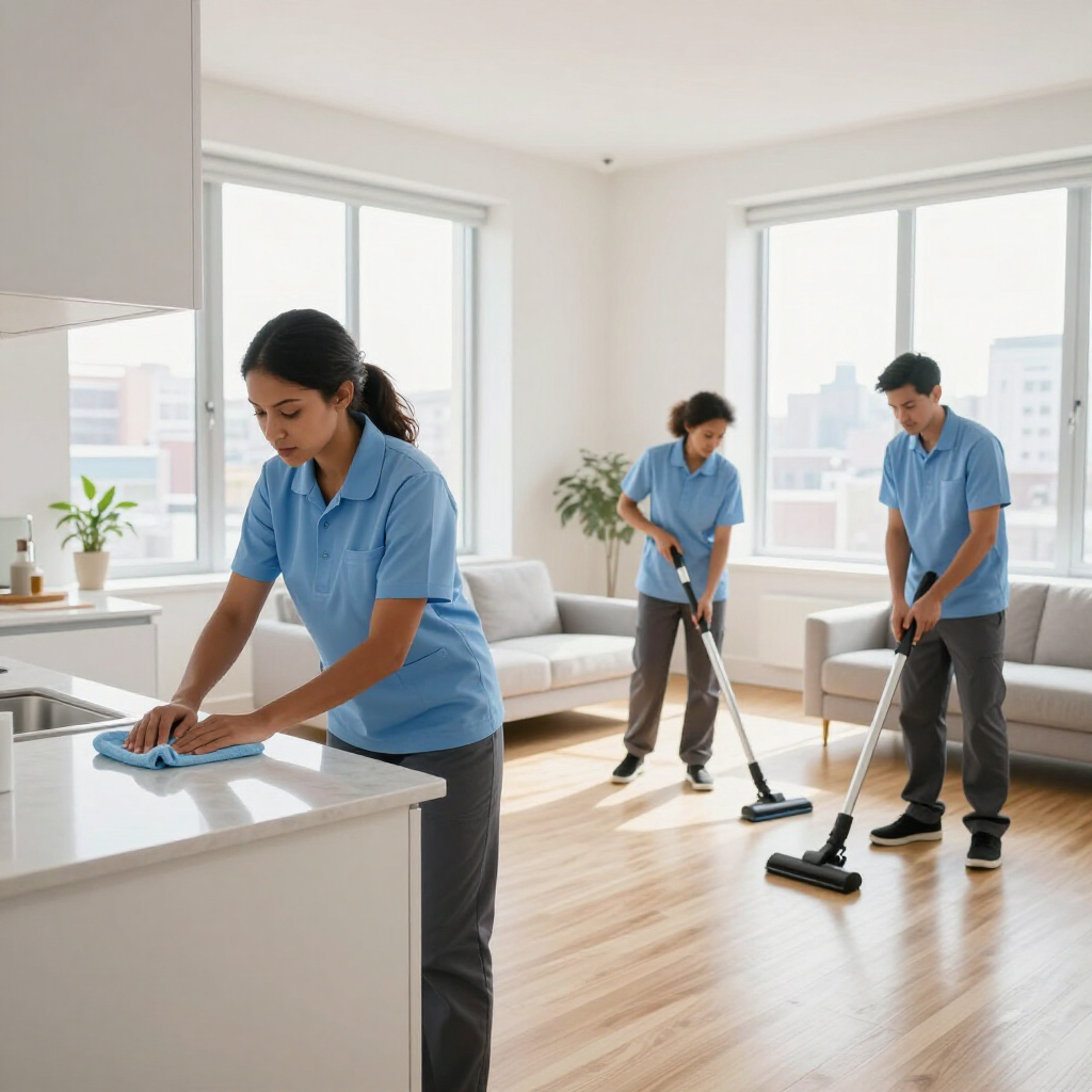 Three cleaners in blue uniforms mopping a bright modern kitchen and living room