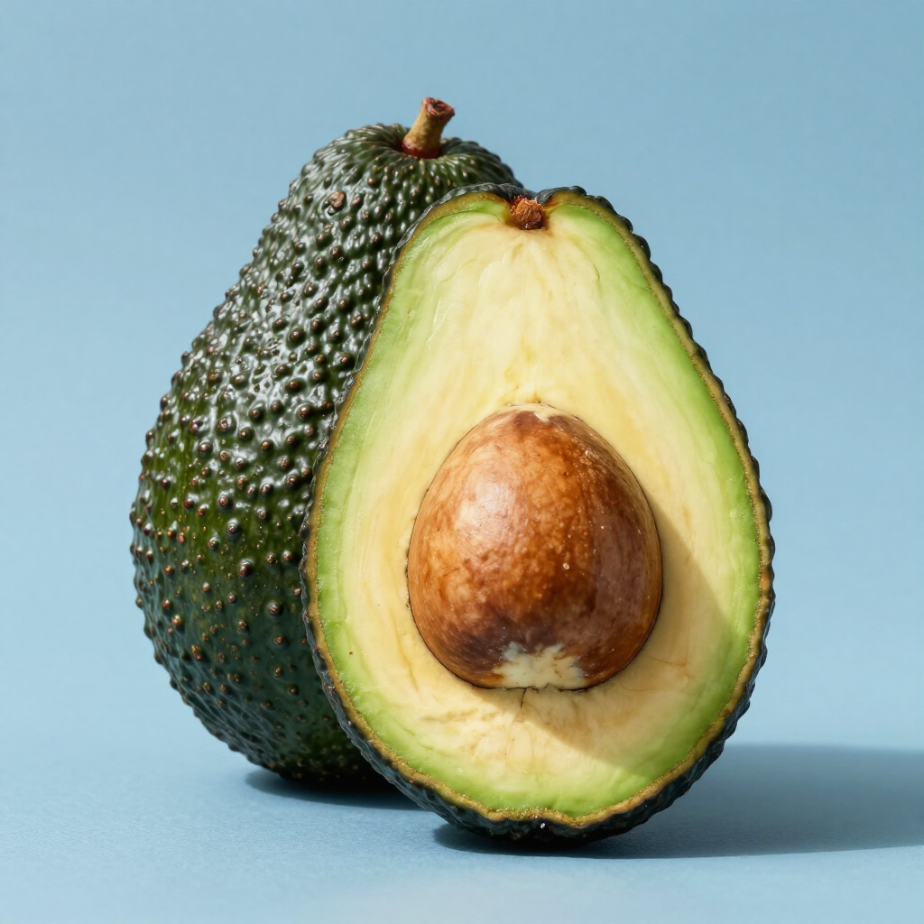 Whole avocado cut in half, showing pit, on a light blue background