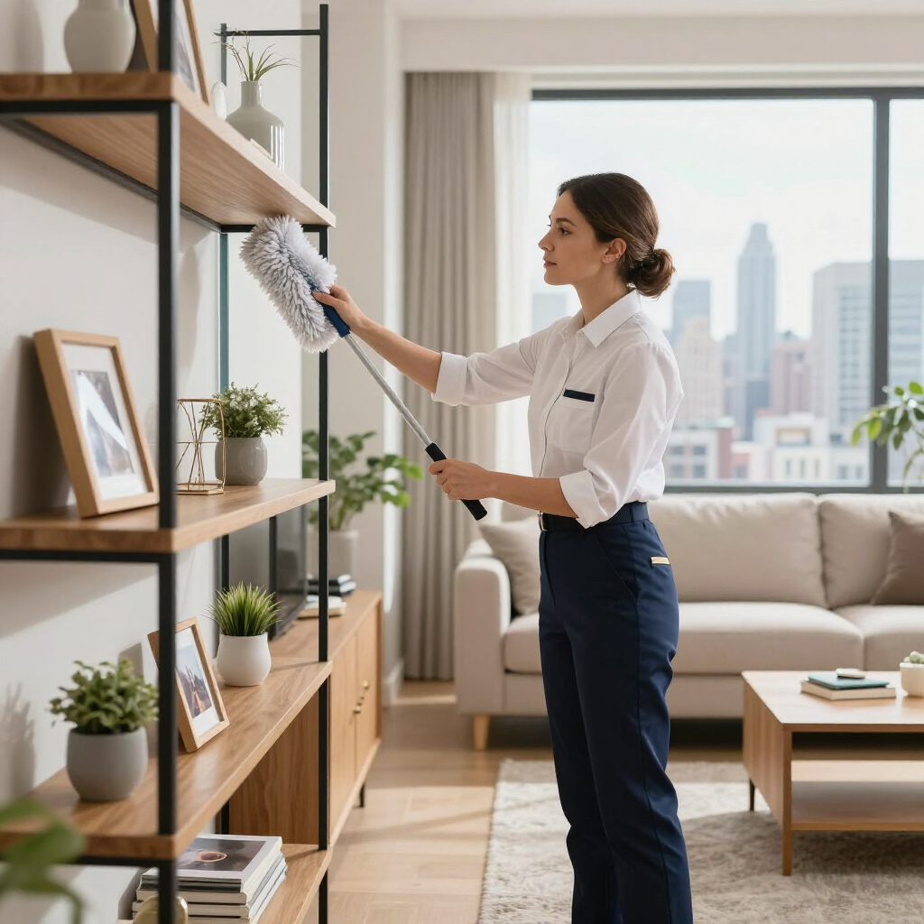 Woman dusting a wooden bookshelf in a bright living room with city view