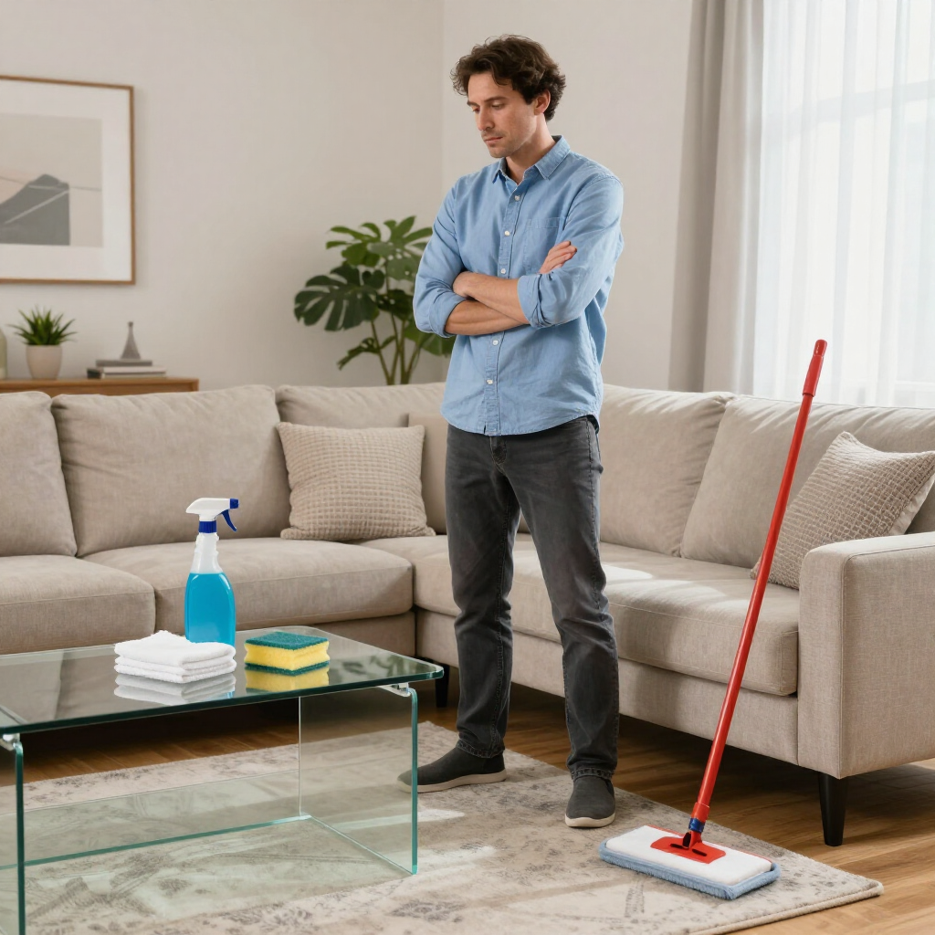 Man standing in a living room beside cleaning supplies and a mop, looking at the floor.