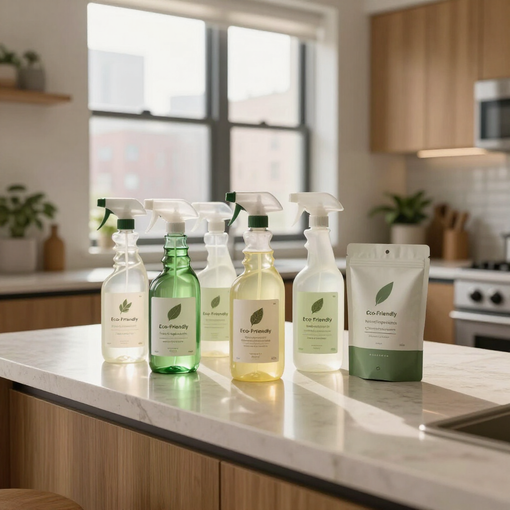 Assorted green and white cleaning spray bottles on a kitchen counter in a bright modern kitchen