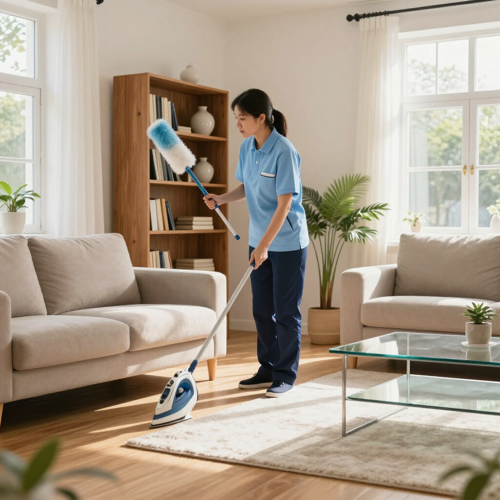 Cleaner mopping a bright living room with beige sofas and a glass coffee table