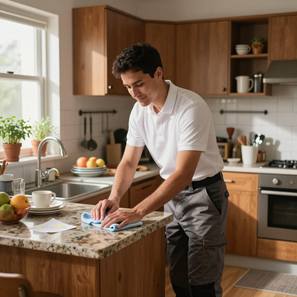 Man wiping a granite kitchen counter with a cloth in a sunlit home kitchen