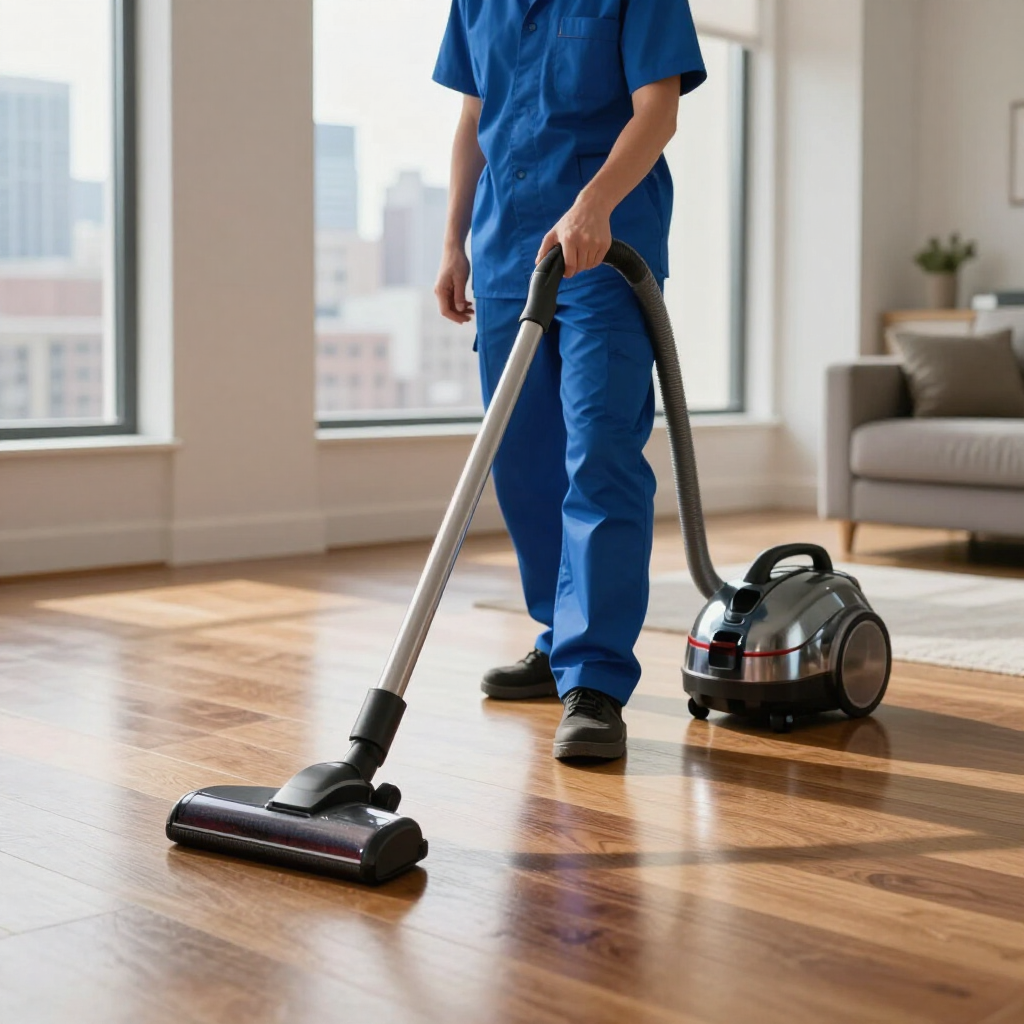 Person vacuuming a hardwood floor in a bright living room with a canister vacuum.