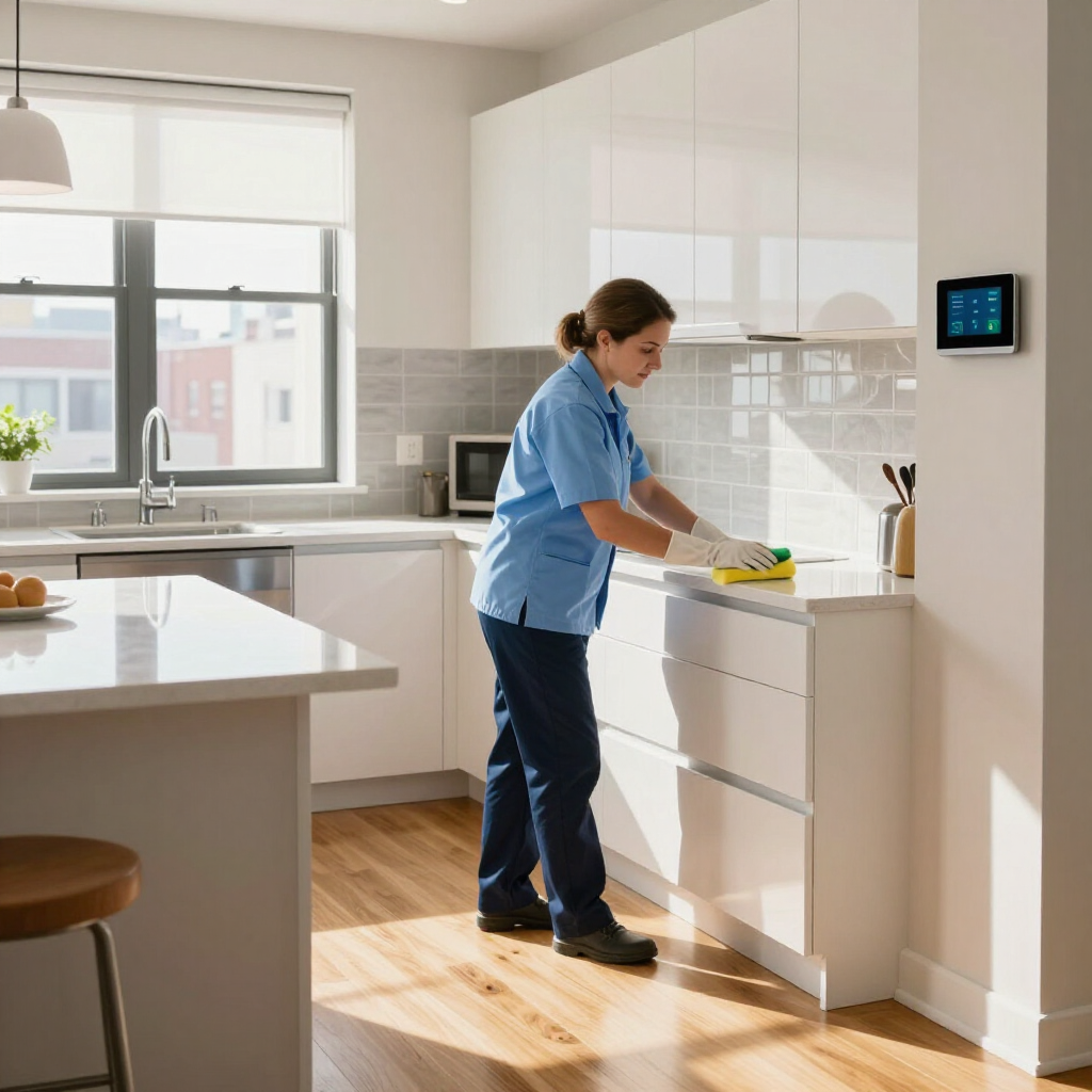 Person cleaning a bright white kitchen countertop beside a sink and window