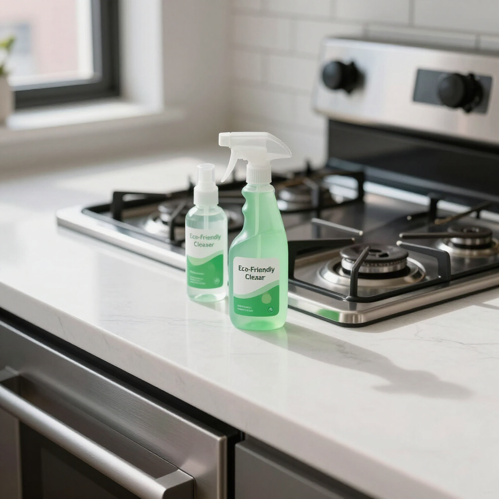 Two green cleaning spray bottles on a kitchen counter beside a gas stove