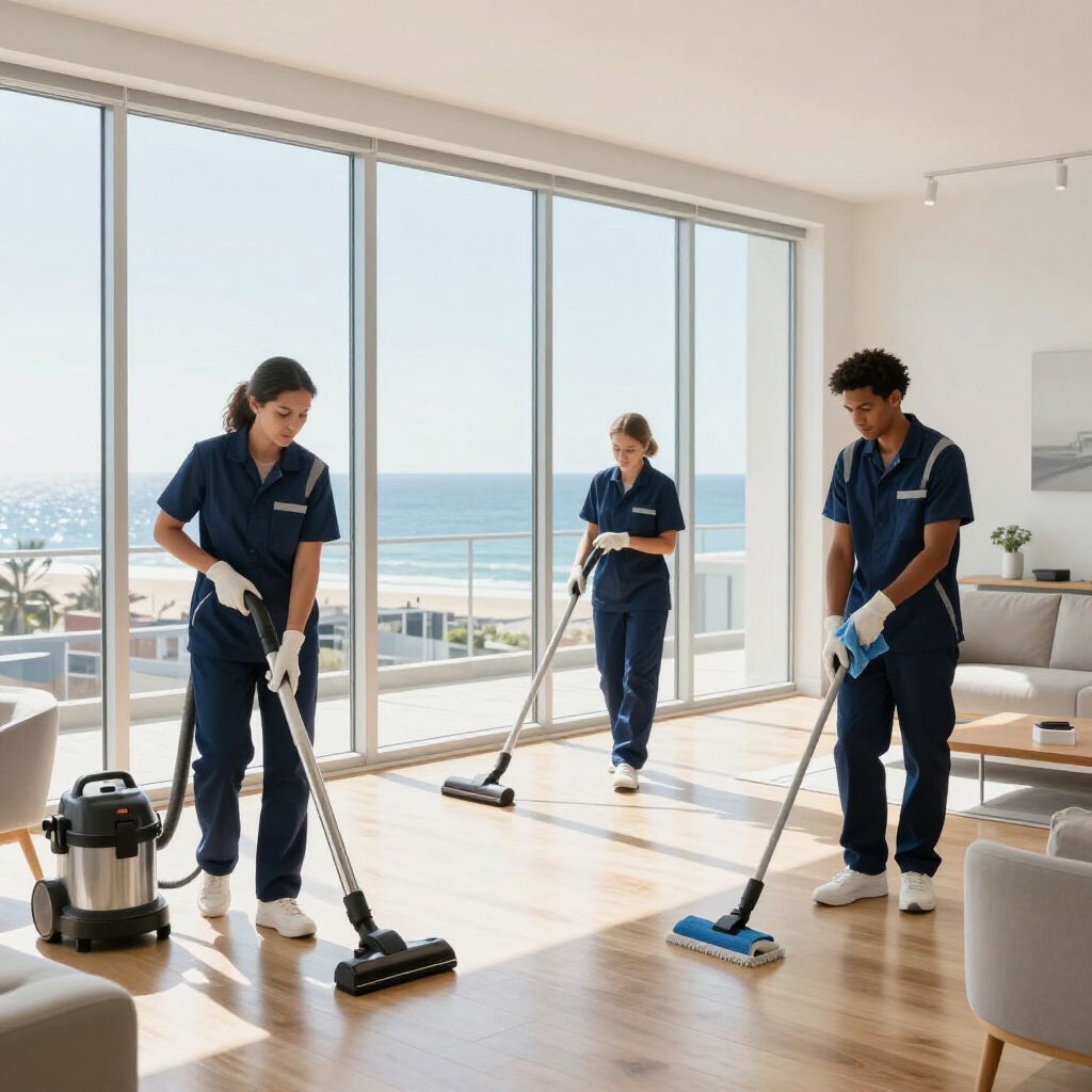 Three cleaners vacuuming a bright seaside living room with floor-to-ceiling windows