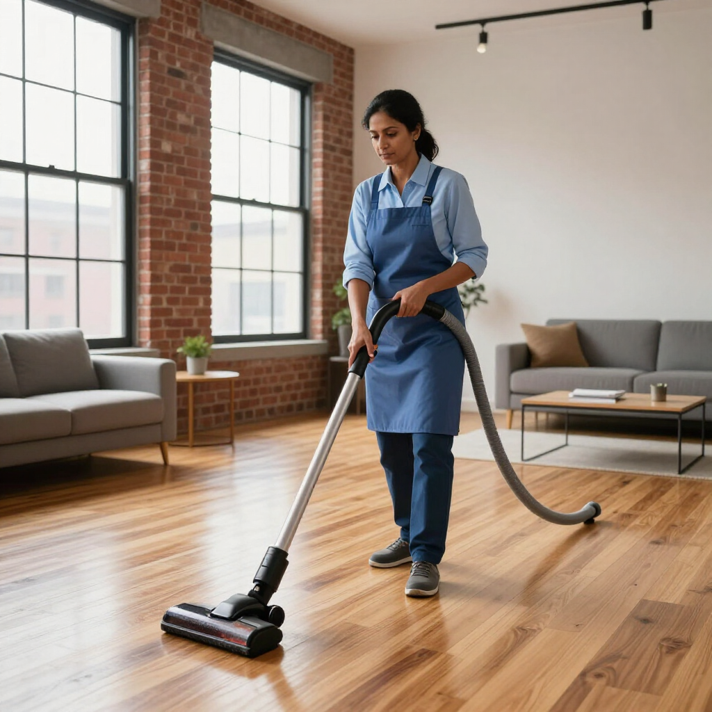 Person vacuuming a wooden floor in a bright living room with brick walls and large windows