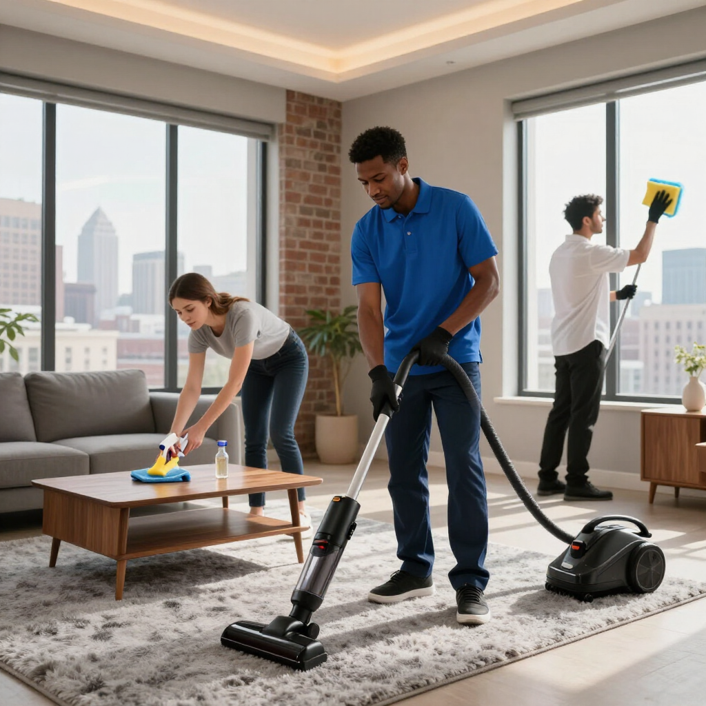 People cleaning a modern living room with vacuum, mop, and duster near a couch and windows
