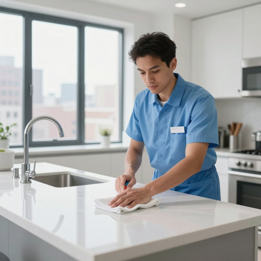 Person cleaning a white kitchen countertop with a cloth in a bright modern kitchen