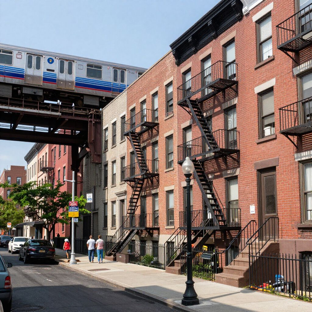 Residential street with brick rowhouses and fire escapes beneath an elevated train track