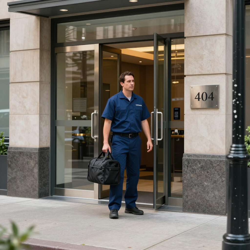 Man in blue uniform carrying a duffel bag stands outside a building entrance marked 404.