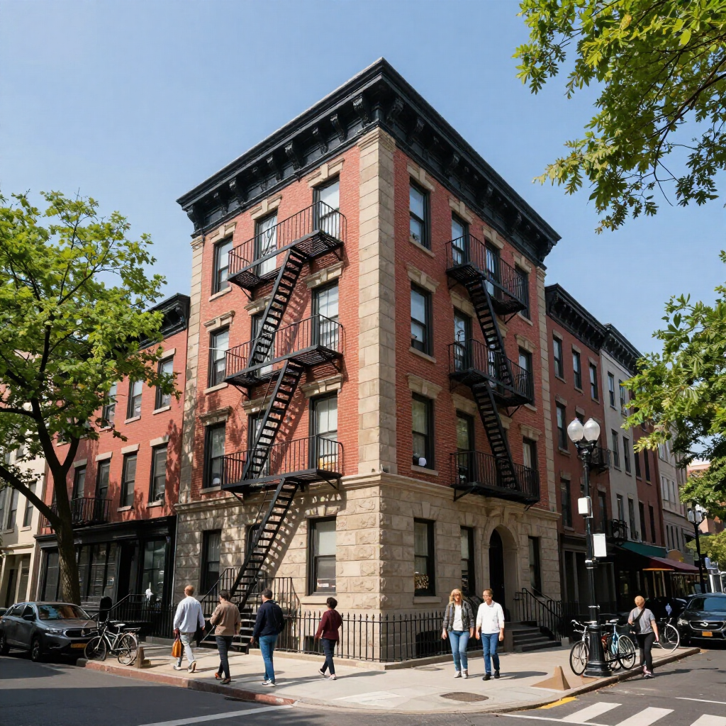 Brick apartment building with black fire escapes on a sunny street corner, pedestrians below.