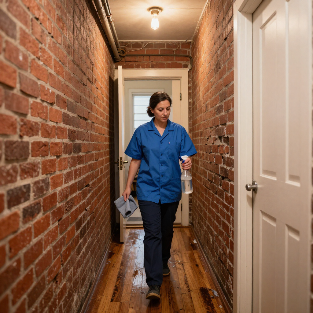Person in a blue shirt walking down a narrow brick hallway, carrying a laptop and looking at a phone.